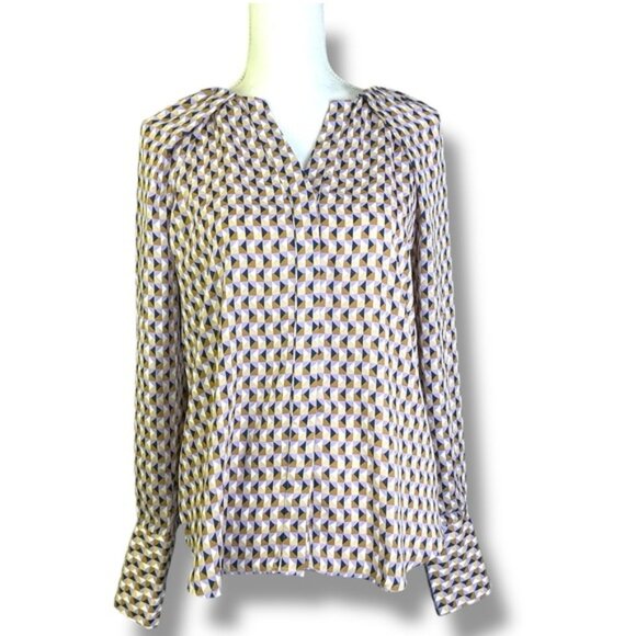 Worthington Blouse Long Sleeve Button Up V Neck Geometric Lavender Purple Small - Picture 1 of 15